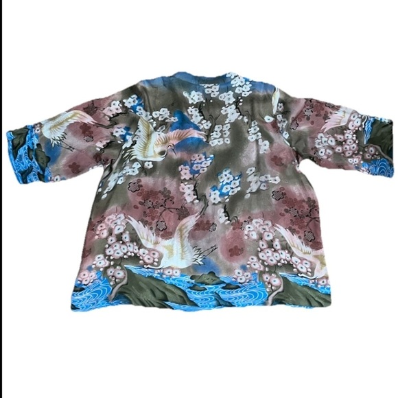 Citron Santa Monica Asian Floral Mandarin Notch Collar Silk Kimono Blouse 3X - Picture 8 of 8